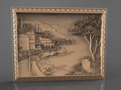 lake view with building house cnc art