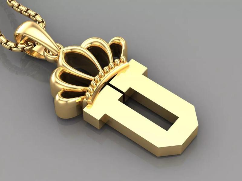U Crown Letter Initial Pendant in 10kt Yellow Gold Cad Design