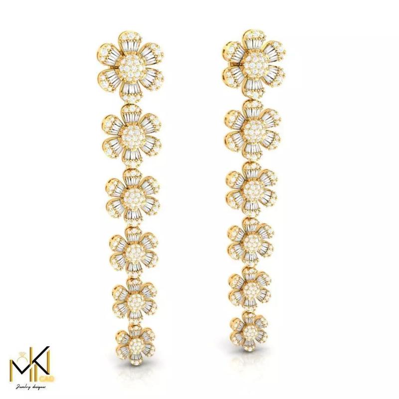 Long earrings adorned with flowers and baguette diamonds