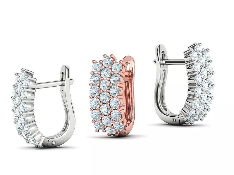 3 Row Diamond Huggie Earrings 2mm gems Earring 1CT weight