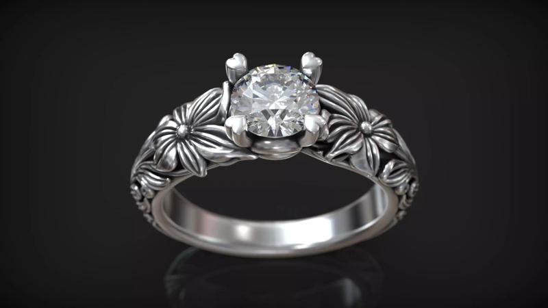 Vintage Diamond Solitaire Organic Floral Bridal Engagement Ring