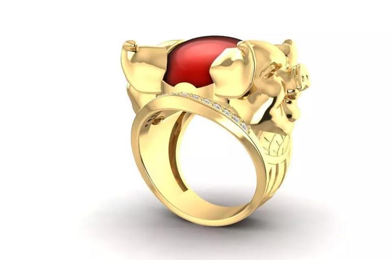 Lucky Pig God Gold Ring with Red Gemstone for Men 1917
