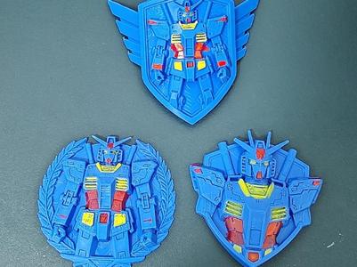 Gundam 3D badges, embossed, three styles: round wheat ears, diamond shield, arc wings