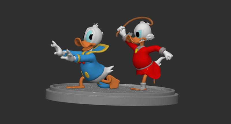 Homage to Don Rosa. Donald Duck chased by Uncle Scrooge McDuck.