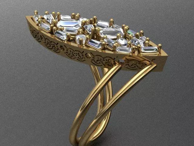 Leaf Shaped Golden Ring With Baguette Diamonds