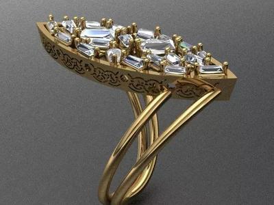 Leaf Shaped Golden Ring With Baguette Diamonds