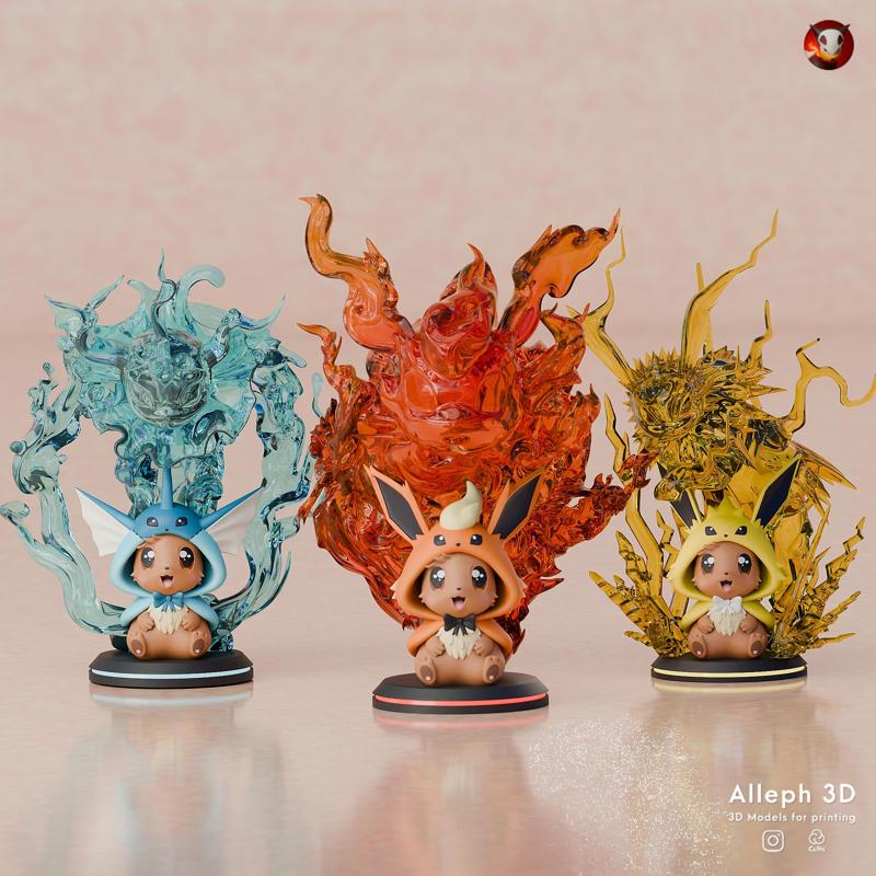 Baby Eevee Evolution Pack – Jolteon, Flareon & Vaporeon Chibi STL Bundle