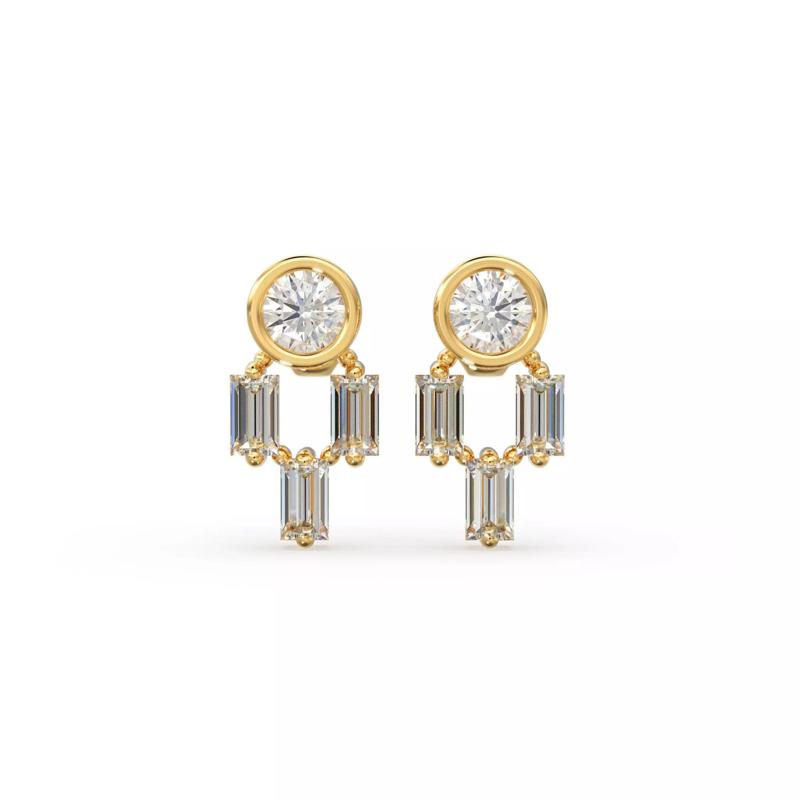 Baguette Diamond Earrings Gold Silver Stud Round Diamond Jewelry
