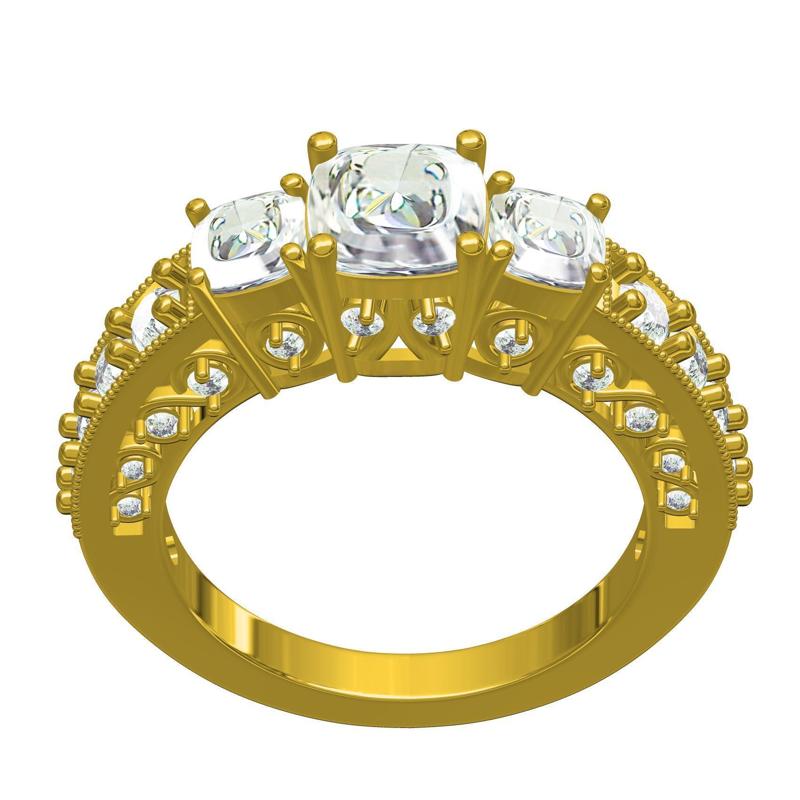 Three Cushion Cut Diamond Filigree Solitaire Engagement Ring