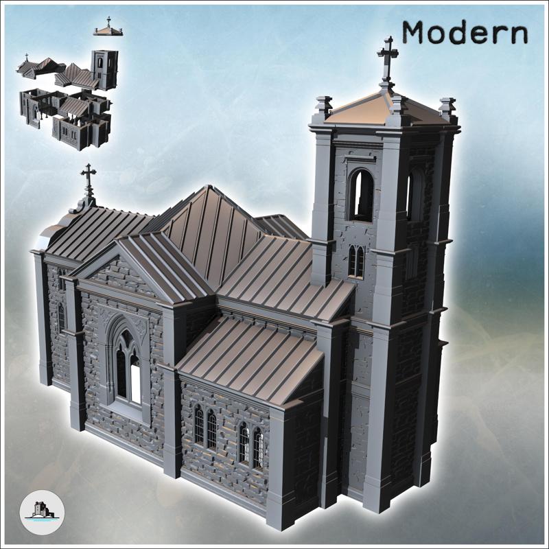 Modern Christian church with steeple, stained glass windows, and zinc roof (27) - Modern WW2 WW1 World War Diaroma Wargaming RPG Mini Hobby