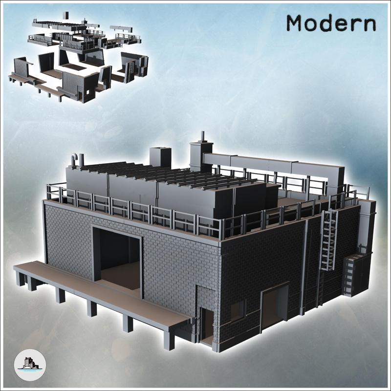 Modern industrial building with roof access ladder, brick walls, and loading platform (14) - Modern WW2 WW1 World War Diaroma Wargaming RPG Mini Hobby