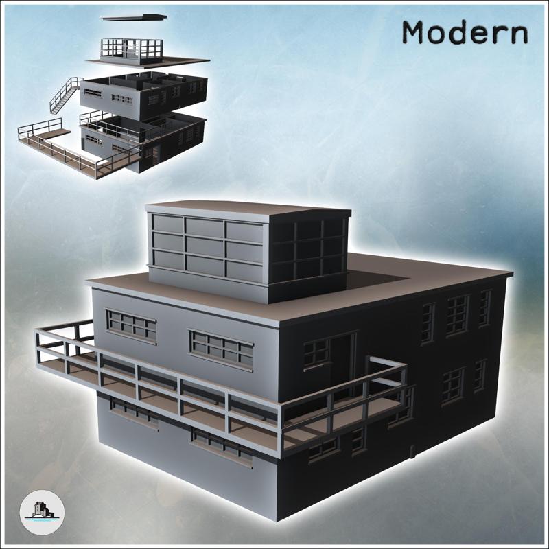 Modern flat-roofed building with observation balcony and multiple windows (47) - Modern WW2 WW1 World War Diaroma Wargaming RPG Mini Hobby