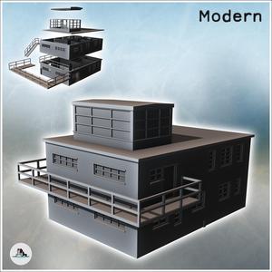 Modern flat-roofed building with observation balcony and multiple windows (47) - Modern WW2 WW1 World War Diaroma Wargaming RPG Mini Hobby