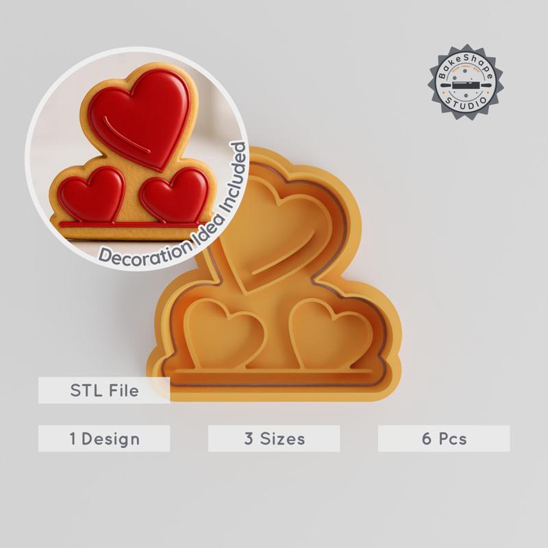 Hearts Cookie Cutter & Stamp Set, Love Shape, Perfect for Fondant, 6 Pcs in S/M/L Sizes
