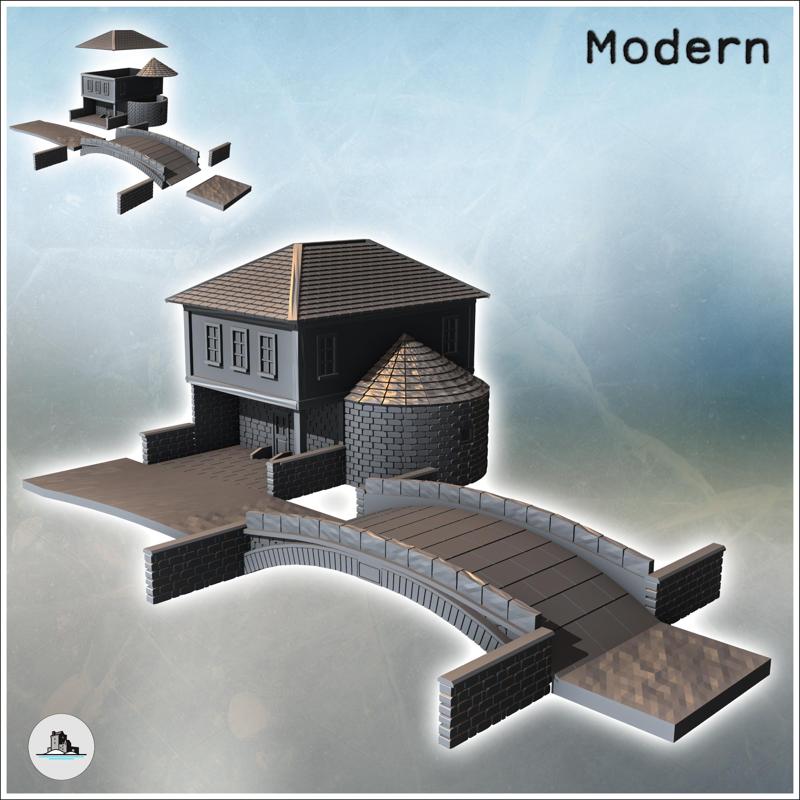 Set of rounded bridge and modern house with a four-sloped roof and a semi-circular annex (5) - Modern WW2 WW1 World War Diaroma Wargaming RPG Mini Hobby