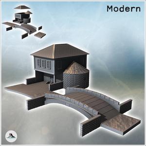 Set of rounded bridge and modern house with a four-sloped roof and a semi-circular annex (5) - Modern WW2 WW1 World War Diaroma Wargaming RPG Mini Hobby