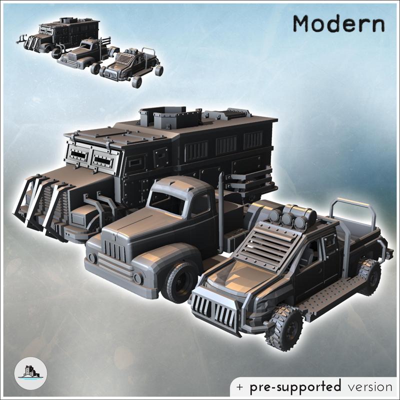 Set of three post-apocalyptic vehicles with improvised armored truck and pickup (7) - Future Sci-Fi SF Post apocalyptic Tabletop Scifi 28mm 15mm 20mm Modern