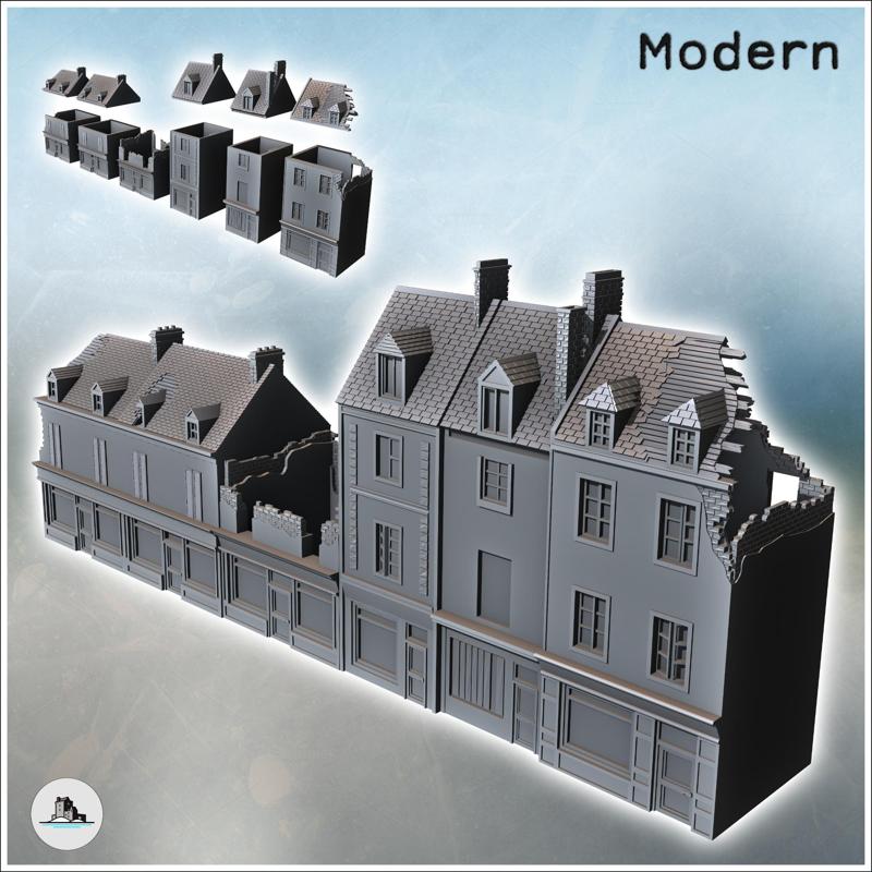 Set of damaged modern multi-story buildings with ground-floor shop and multiple chimneys (9) - Modern WW2 WW1 World War Diaroma Wargaming RPG Mini Hobby
