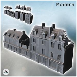 Set of damaged modern multi-story buildings with ground-floor shop and multiple chimneys (9) - Modern WW2 WW1 World War Diaroma Wargaming RPG Mini Hobby