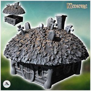 Round medieval hobbit house with cross on roof and round door (15) - Medieval Fantasy Magic Feudal Old Archaic Saga 28mm 15mm