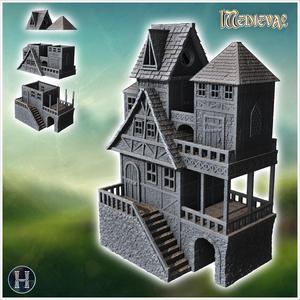 Large medieval building with access staircase, half-timbered walls and large square terrace with wooden railing (12) - Medieval Gothic Feudal Old Archaic Saga 28mm 15mm RPG