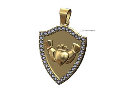 Diamond shield Gladdagh heart crown pendant with bail 3D print model