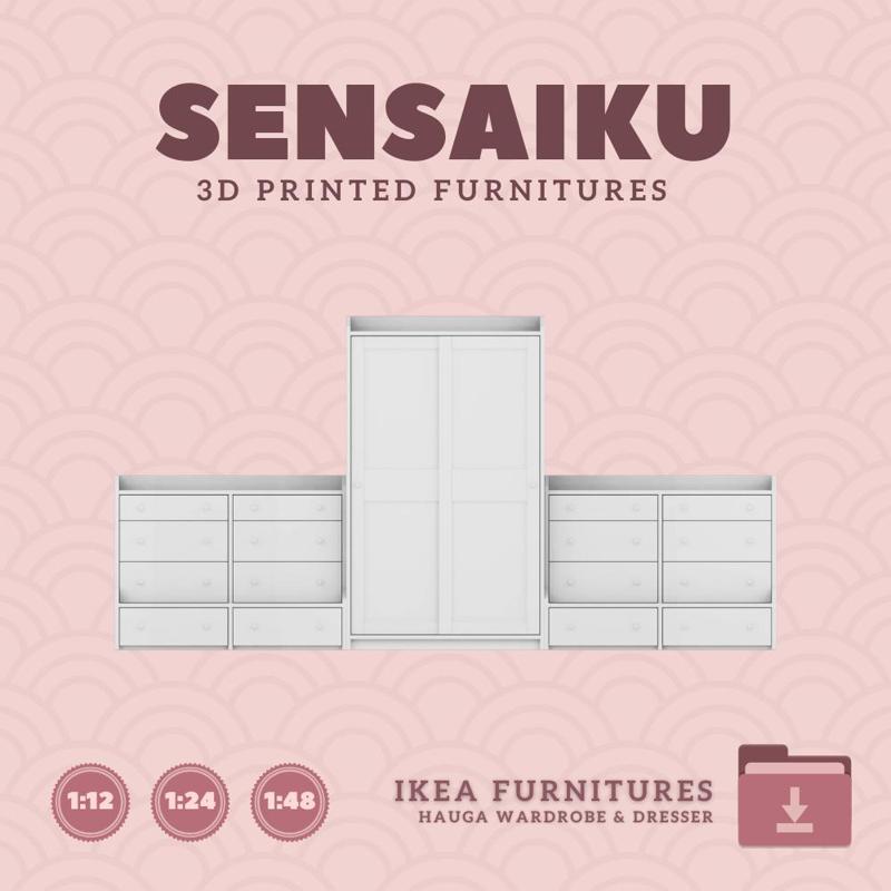 Miniature Replica HAUGA Wardrobe and Dresser for Miniature Dollhouse - IKEA (1:12,24,48) - 3D Print Instant Download