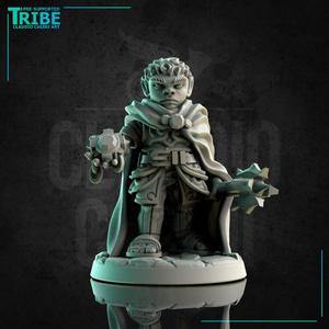 (0175) Male halfling hobbit cleric with cape and sacred symbol