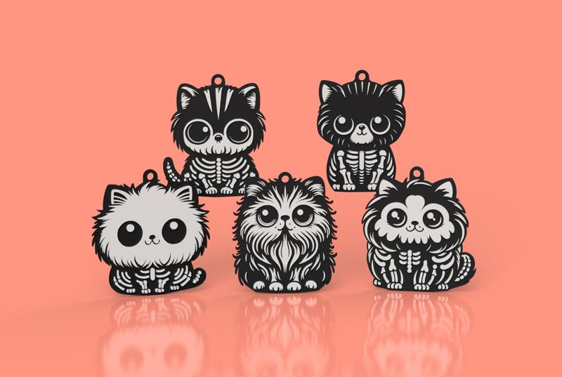 Cat Halloween Keychains Skeletons - 5 designs
