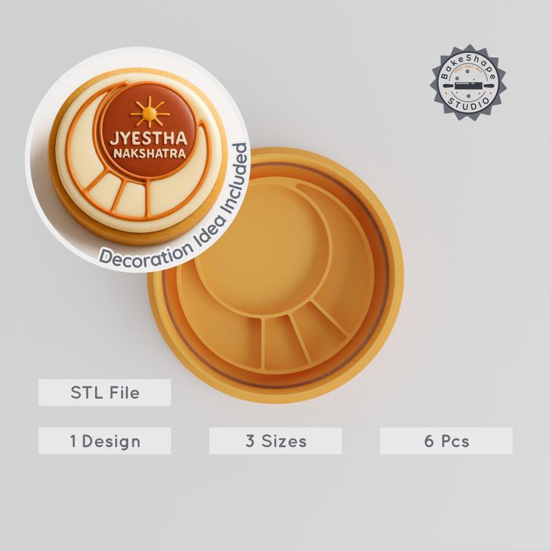 Jyestha Nakshatra Vedic Astrology Cookie Cutter & Stamp Set, 6 Pcs, Jyestha Star & Lunar Design, S/M/L Sizes, Hindu Astrology Theme PRODUCT_1077
