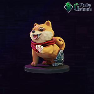 Cyberpunk sci-fi tabletop miniature. Dog with cyber implant. Good boy