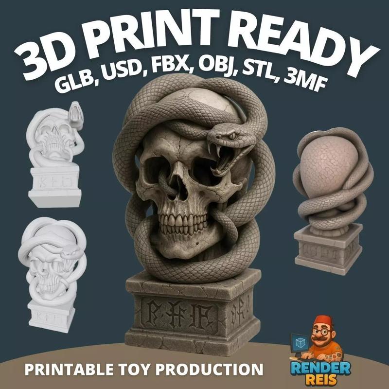 Skull and Serpent Bust  Dark Mysticism Gothic 3D Sculpture