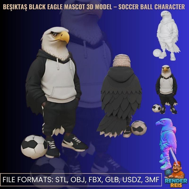 Beşiktaş Black Eagle Mascot 3D Model – Soccer Ball Character
