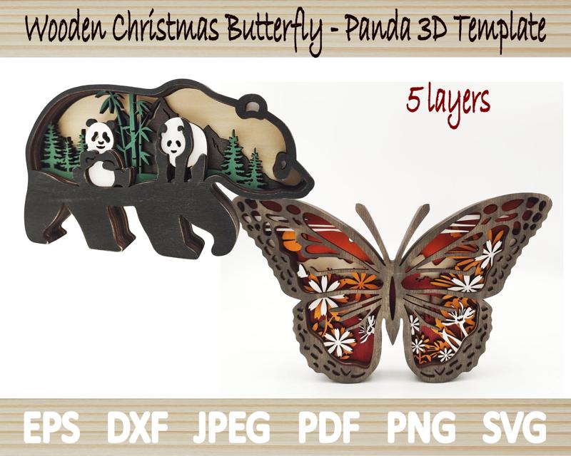 2 Wooden Butterfly & Panda Ornaments - Laser Cut Template