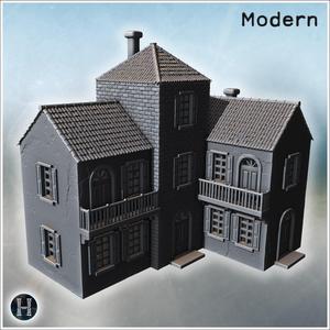 Symmetrical villa with central tower, arched doors, balconies and tiled gable roofs (77) - Modern WW2 WW1 World War Diaroma Wargaming RPG Mini Hobby