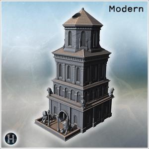 Grand neoclassical tower with arched windows, lion statues, and a tiled pyramid roof (dice tower) (18) - Modern WW2 WW1 World War Diaroma Wargaming RPG Mini Hobby
