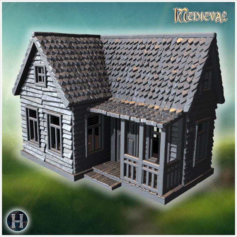 Rustic house with dual porches and intricate wooden railing details (65) - Medieval Gothic Feudal Old Archaic Saga 28mm 15mm RPG