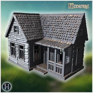 Rustic house with dual porches and intricate wooden railing details (65) - Medieval Gothic Feudal Old Archaic Saga 28mm 15mm RPG