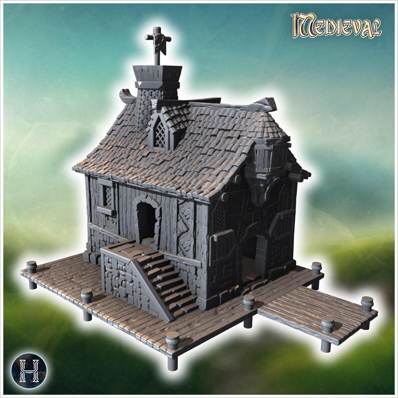 Old wooden pirate house with stone stairs, chimney, and dockside platform for mooring (9) - Medieval Gothic Feudal Old Archaic Saga 28mm 15mm RPG