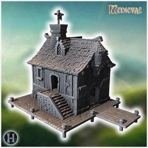 Old wooden pirate house with stone stairs, chimney, and dockside platform for mooring (9) - Medieval Gothic Feudal Old Archaic Saga 28mm 15mm RPG