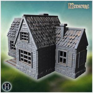 Twin-gabled wooden house with shuttered windows and stone foundation (69) - Medieval Gothic Feudal Old Archaic Saga 28mm 15mm RPG