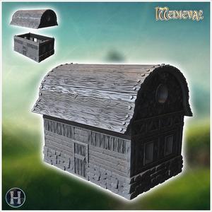 Medieval house with a curved wooden roof, stone foundation, and small windows (22) - Medieval Gothic Feudal Old Archaic Saga 28mm 15mm RPG