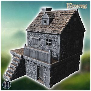 Two-story stone house with an external staircase, wooden balcony, and small windows (39) - Medieval Gothic Feudal Old Archaic Saga 28mm 15mm RPG