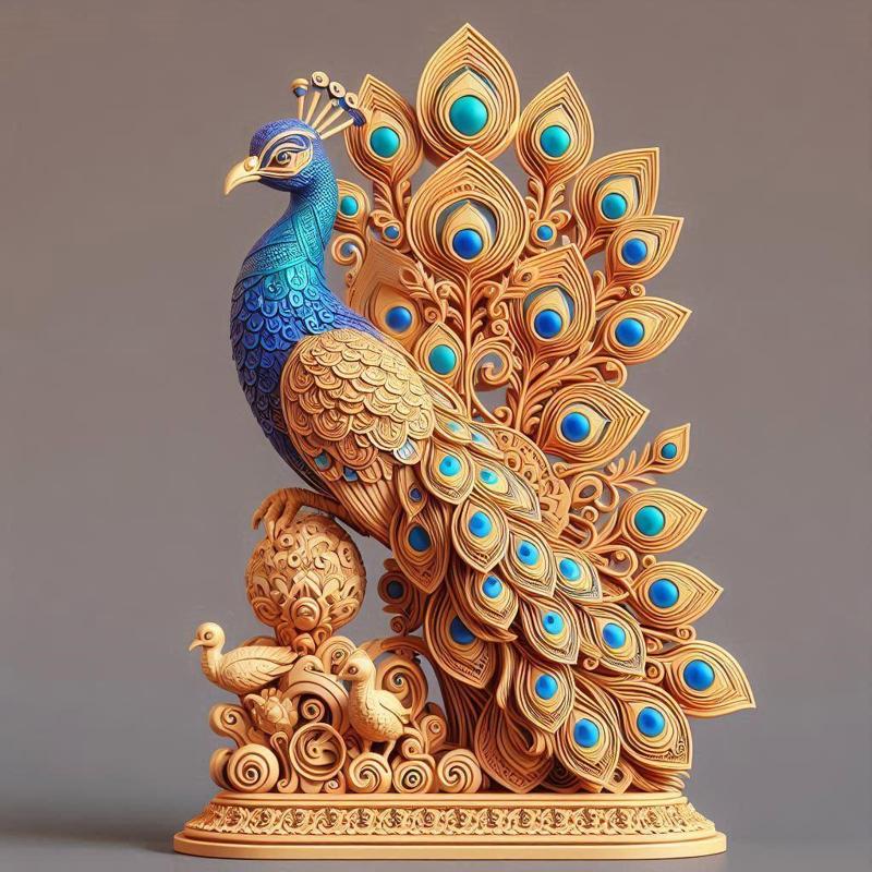 1167 Colorful 3D Model of a Peacock on Base, totem, pug, dachshund, poodle, rooster, dog, dogue, beagle, peacock, lion, fox, bull terrier, pomeranian, galgo, wolf, doberman pinscher, newfoundland, decorative, crocodile