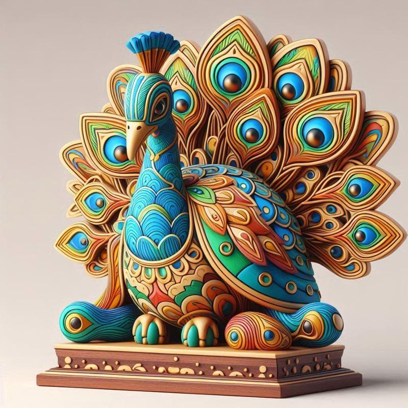 1175 Colorful 3D Model of a Peacock on Base, totem, pug, dachshund, poodle, rooster, dog, dogue, beagle, peacock, lion, fox, bull terrier, pomeranian, galgo, wolf, doberman pinscher, newfoundland, decorative, crocodile
