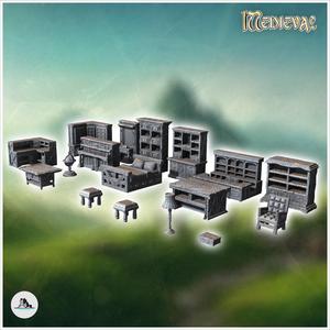 Medieval interior furniture set with shelves, bookcases, beds and armchairs (7) - Medieval Gothic Feudal Old Archaic Saga 28mm 15mm RPG