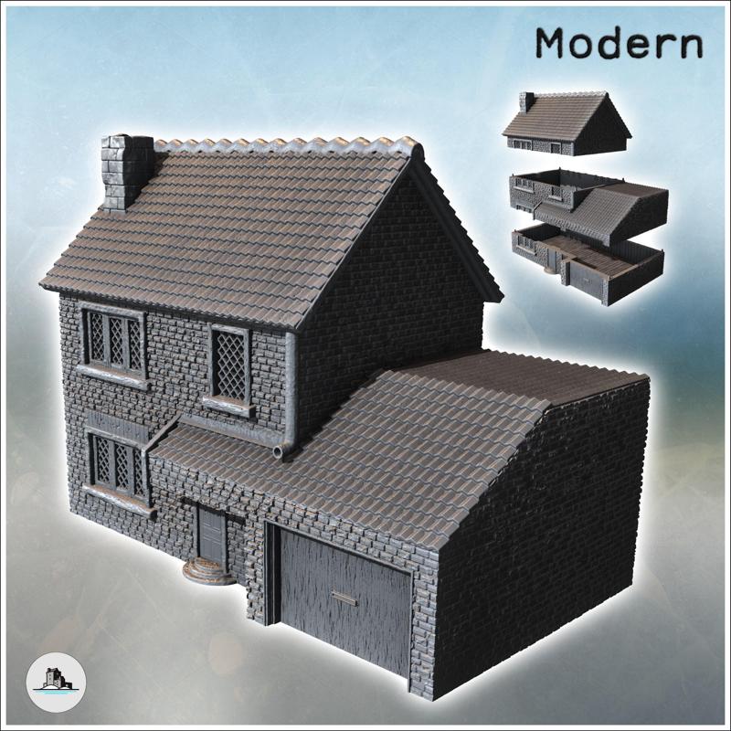 Modern house with tiled roof, stone walls and large garage door (5) - Modern WW2 WW1 World War Diaroma Wargaming RPG Mini Hobby