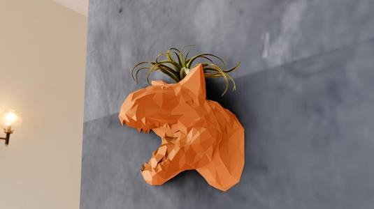 Carnotaurus dinosaur head roaring wall mount low poly planter pot flower vase stl