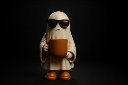 Cute Ghost Figurine with Coffee Mug – Spooky Coffee Lover Desk Decor, Halloween , Funny Ghost Statue with Sunglasses
