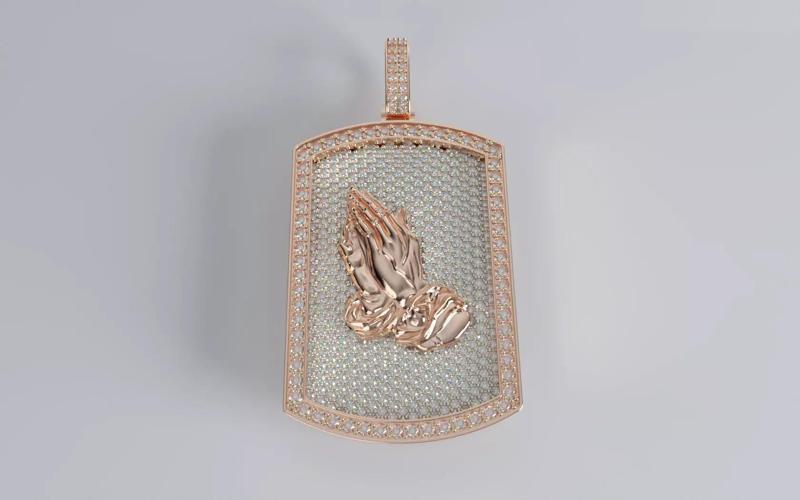 Praying Hands Dogtag Pendant - Round Diamond Back - Large